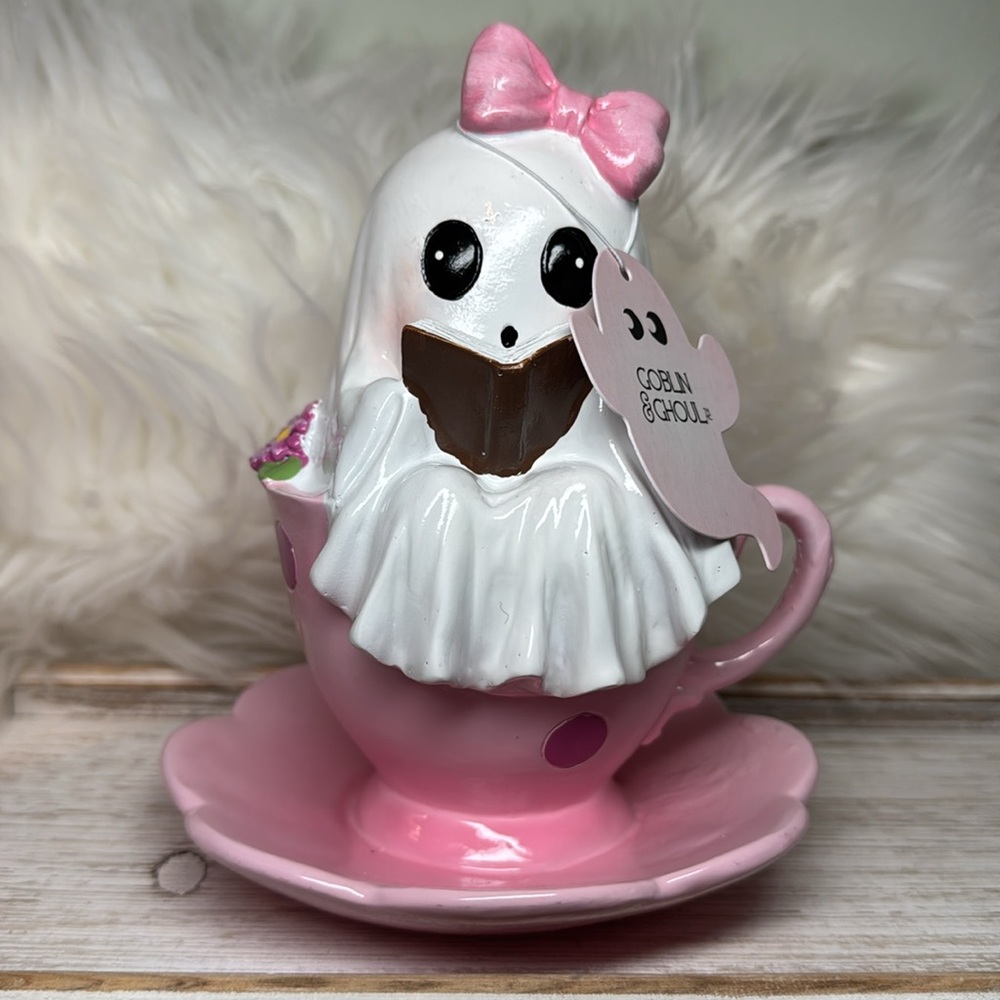 Goblin & Ghoul Ghostie Girl with Pink Bow on Pink Teacup with book Figurine
